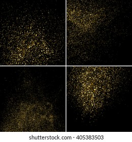 Gold glitter dust sparkle particle black background set collection texture abstract vector illustration golden shimmer shine celebration festive party