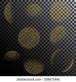 Gold glitter dust sphere and crescent. Full moon abstract cosmic planet.