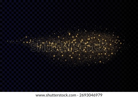 Gold glitter dust spray spot. Shimmer spray effect for Christmas celebration design. Festive particles isolated on dark background. Shiny confetti, stardust light powder texture. Vector illustration.