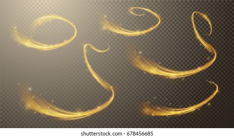 Gold Glitter Dust, Sun Line, Wave Abstract Elements On Transparent Background, Golden Sparkles, Fare, Yellow Neon. Vector Illustration.