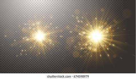 Gold glitter dust, sun ray, light, glow, sunbeam, burst, warm sunrise, gold explosion, stars, bright abstract elements, transparent background, golden sparkles. Vector, separated elements under mask