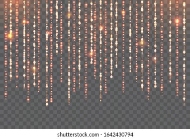 Gold glitter effect, abstract christmas magic rain, glowing particles and bokeh on transparent background. Christmas wallpaper for card, banner, promo. Shimmer golden strips line, Vector illustration.