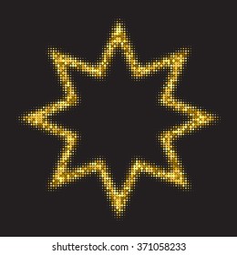 Gold glitter eight pointed star frame on black background. Golden glittering frame with halftone effect. Sparkling background for design.