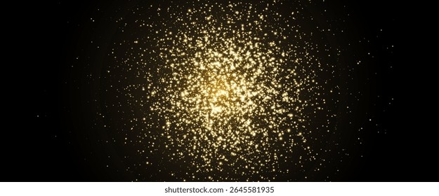 Explosión de brillo dorado. Caída de partículas doradas sobre fondo oscuro. Polvo de lentejuelas. Spray de brillo. Estrella mágica. Textura brillante brillante. Tarjeta de Navidad. Marco de fiesta de lujo. Ilustración vectorial.