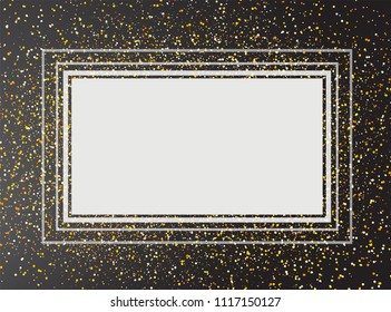 Gold glitter explosion on black background. Abstract gold background. Template for invitation, business card, booklet, poster design. Vector
