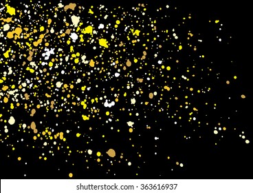 Gold glitter explosion on black background. Golden festive blow texture of confetti. Golden grunge grainy spray abstract texture on a black background. Holiday background. Vector illustration.