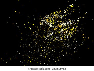 Gold glitter explosion on black background. Golden festive blow texture of confetti. Golden grunge grainy spray abstract texture on black background. Holiday background. Vector illustration.