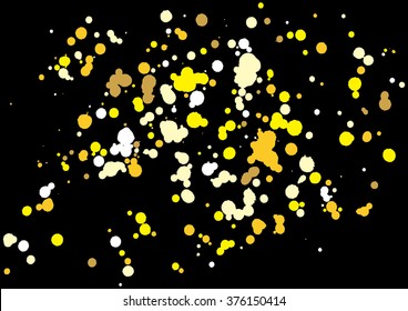 Gold glitter explosion on black background made of spray paint. Golden festive blow texture of confetti. Golden grunge grainy spray abstract texture of snow flakes. Holiday background. Vector.