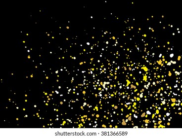 Gold glitter explosion on black background. Golden festive blow texture of confetti. Golden grunge grainy spray abstract texture on black background. Holiday background. Vector illustration.