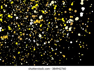 Gold glitter explosion on black background made of spray paint. Golden festive blow texture of confetti. Golden grunge grainy spray abstract texture of snow flakes. Holiday background. Vector.

