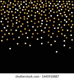 Gold glitter falling from circles on black background. Golden explosion of confetti. Golden grainy abstract texture on black background. Vector illustration