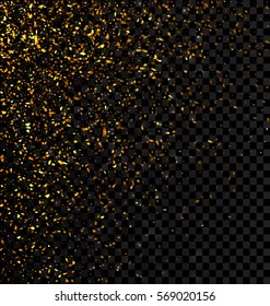 Gold glitter falling confetti on a dark checkered background. Golden grainy abstract texture - Vector