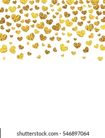Gold glitter falling hearts on white background.