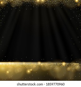 Gold glitter falling with sparkle shine light confetti and bokeh on black,Vector magic gold dust and glare golden shimmer texture for luxury backdrop,Festive Christmas, New Year banner or flyer