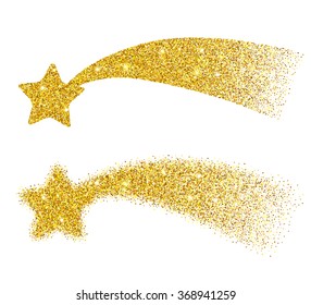 Gold glitter falling stars with sparkles and star dust on white background