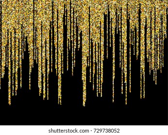 Gold glitter festoons, falling confetti garlands holiday background vector illustration. Confetti gold dust falling down, holiday lights, garlands vertical lines. Sparkles glitter, tinsels design. 