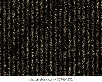 Gold glitter festoons hanging background vector illustration. Golden dust falling down, flying circle confetti vertical lines. Sparkle dots, round tinsels celebration design. Holiday lights, garlands.