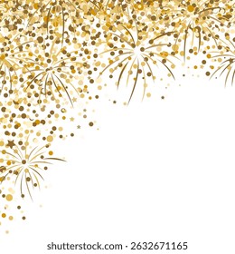 Gold glitter and fireworks display corner frame. Glittering falling holiday confetti background.