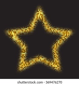 Gold glitter five pointed star frame on black background. Golden glittering frame with halftone effect. Sparkling background for design.