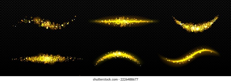 Deslumbrador de oro, bengala, efecto de luz de boquilla, olas doradas sobre fondo negro. Giro mágico, gilipollas con estrellas brillantes y chispa voladora. Rastreo de varas, hechizo, mago o hada brillante conjunto de vectores