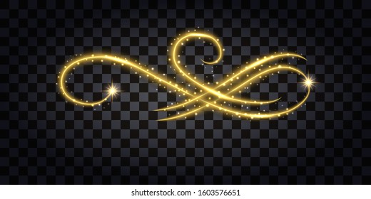 Gold glitter flourish. Design element isolated sith golden glow effect, sparkles and neon shine. Vector illustration