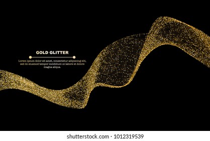 Gold glitter flow abstract lines isolated on black background, vector illustration. Sparkling dots wave with space for text for banners, party invitations, graphic design.
