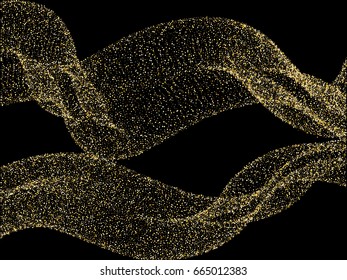 Gold glitter flow background vector illustration. Golden dust curve lines, flying circle confetti elements. Sparkle dots flowing curl, round tinsels stream celebration graphic design.