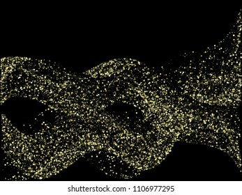 Gold glitter flow on black background vector illustration. Confetti dust curve lines, flying circle elements. Golden round dots flowing curl, celebration graphic design. Horizontal banner.