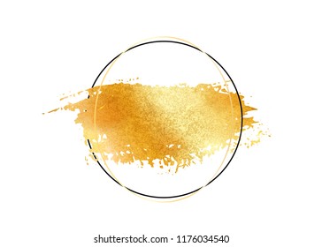 Gold Glitter Foil Brush Stroke Vector. Golden Paint Smear With Circle Round Border Frame Isolated On White. Glow Metal Creative Pattern.