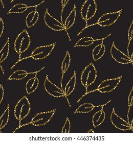 Gold glitter foliage seamless pattern. Shimmer leaves texture black background for gift wrap paper and wallpaper.
