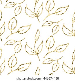 Gold glitter foliage seamless pattern. Shimmer leaves texture white background for gift wrap paper and wallpaper.