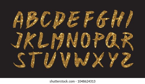 Gold glitter font brush on black background, golden vector cmyk illustration, glossy printing template.