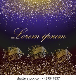 Gold glitter frame. Gold background for flyer, poster, banner, web, header. Gold blur card. Template with golden sparkles and golden fishes on a blue background.