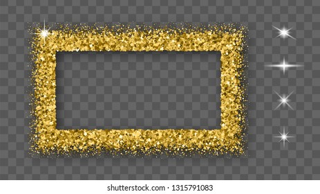 Gold Glitter Frame With Bland Shadows Isolated On Transparent  Background. Abstract Shiny Texture Rectangle Border. Golden Explosion Of Confetti. Vector Illustration, Eps 10.