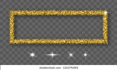 Gold Glitter Frame With Bland Shadows Isolated On Transparent  Background. Abstract Shiny Texture Rectangle Border. Golden Explosion Of Confetti. Vector Illustration, Eps 10.