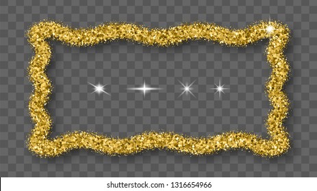 Gold Glitter Frame With Bland Shadows Isolated On Transparent  Background. Abstract Shiny Texture Rectangle Border. Golden Explosion Of Confetti. Vector Illustration, Eps 10.