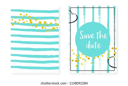 Gold glitter frame with dots and sequins. Wedding and bridal shower invitation set with confetti. Vertical stripes background. Stylish gold glitter frame for party, event, save the date flyer.