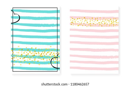 Gold glitter frame with dots and sequins. Wedding and bridal shower invitation set with confetti. Vertical stripes background. Fashion gold glitter frame for party, event, save the date flyer.