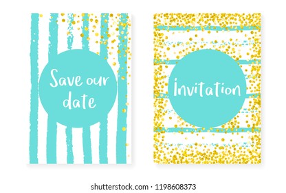 Gold glitter frame with dots and sequins. Wedding and bridal shower invitation set with confetti. Vertical stripes background. Trendy gold glitter frame for party, event, save the date flyer.