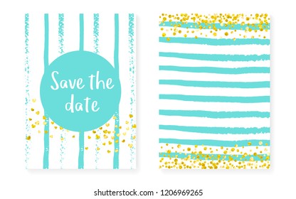 Gold glitter frame with dots and sequins. Wedding and bridal shower invitation set with confetti. Vertical stripes background. Trendy gold glitter frame for party, event, save the date flyer.