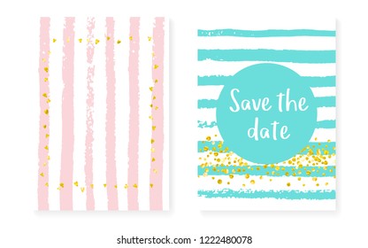 Gold glitter frame with dots and sequins. Wedding and bridal shower invitation set with confetti. Vertical stripes background. Vintage gold glitter frame for party, event, save the date flyer.
