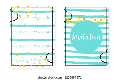 Gold glitter frame with dots and sequins. Wedding and bridal shower invitation set with confetti. Vertical stripes background. Creative gold glitter frame for party, event, save the date flyer.