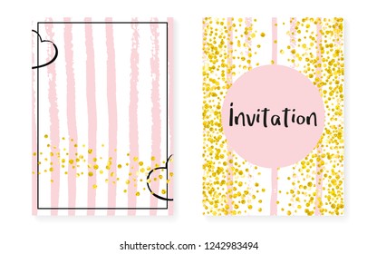 Gold glitter frame with dots and sequins. Wedding and bridal shower invitation set with confetti. Vertical stripes background. Retro gold glitter frame for party, event, save the date flyer.