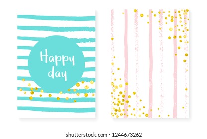 Gold glitter frame with dots and sequins. Wedding and bridal shower invitation set with confetti. Vertical stripes background. Tender gold glitter frame for party, event, save the date flyer.