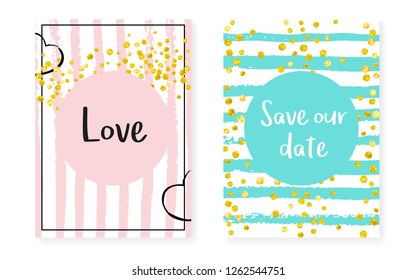 Gold glitter frame with dots and sequins. Wedding and bridal shower invitation set with confetti. Vertical stripes background. Tender gold glitter frame for party, event, save the date flyer.