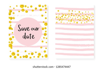 Gold glitter frame with dots and sequins. Wedding and bridal shower invitation set with confetti. Vertical stripes background. Trendy gold glitter frame for party, event, save the date flyer.