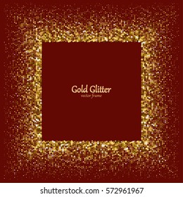 Gold glitter frame. Golden grainy frame. Golden confetti background. Vector illustration.