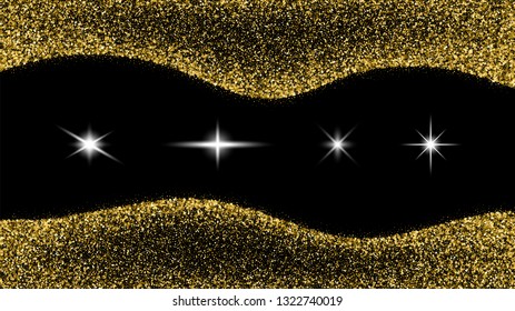 Gold Glitter Frame Isolated On Black  Background. Abstract Shiny Texture Rectangle Border. Golden Explosion Of Confetti. Vector Illustration, Eps 10.