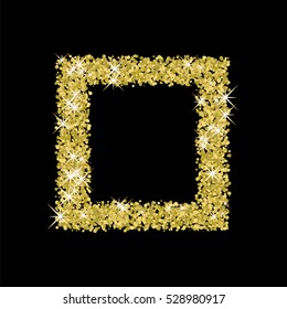 Gold glitter frame on a black background. Golden grainy frame. Golden confetti background. Vector illustration.
