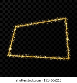 Gold glitter frame. Rectangle frame with shiny stars and sparkles on dark transparent background. Vector illustration